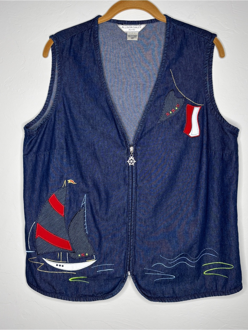 Allison Daley 90s Denim Vest Nautical Sailboat Coastal Grandma Red 4th July 12P